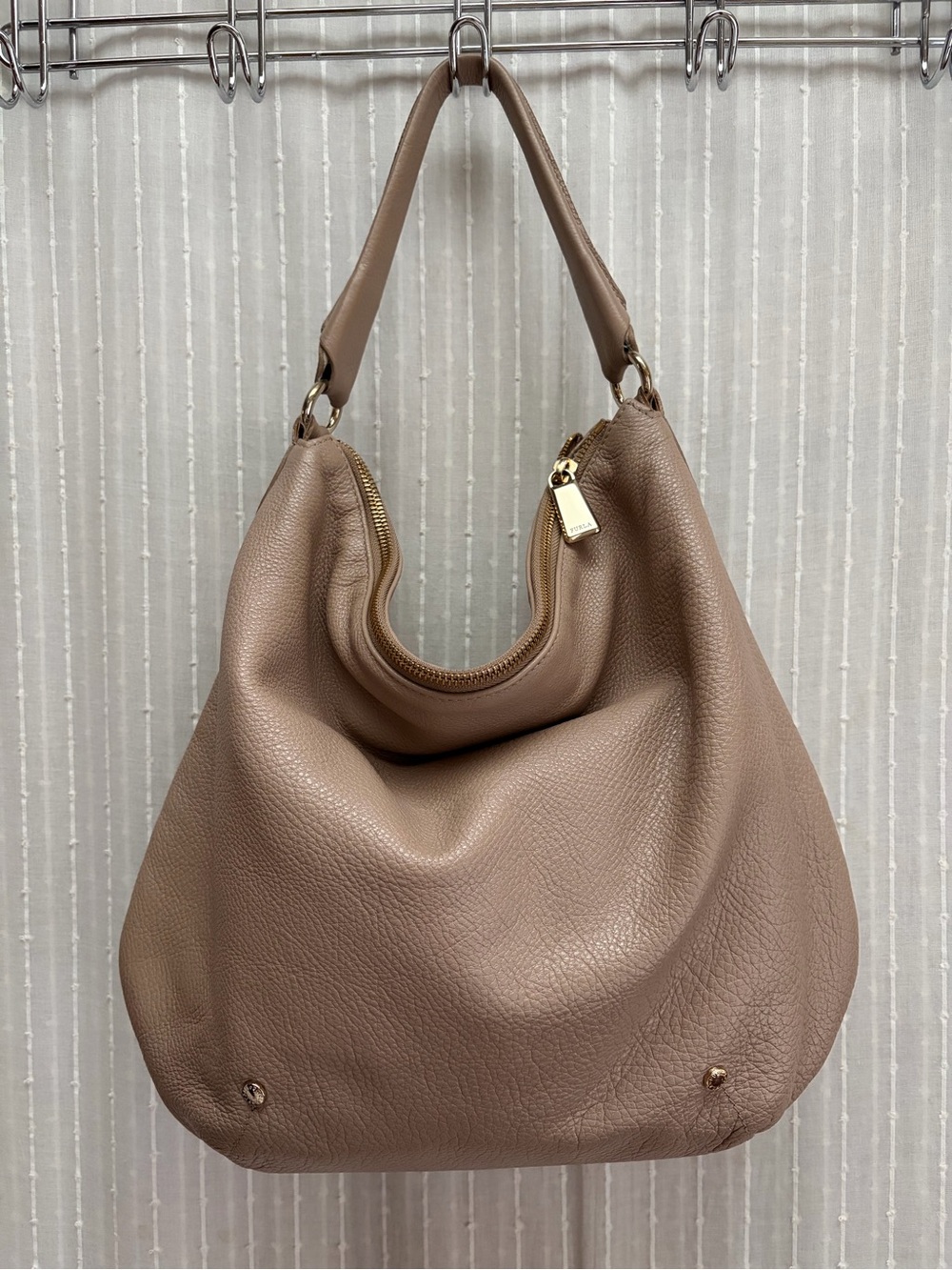 FURLA Taupe Beige Pebbled Leather Hobo Shoulder Bag Daily Bag